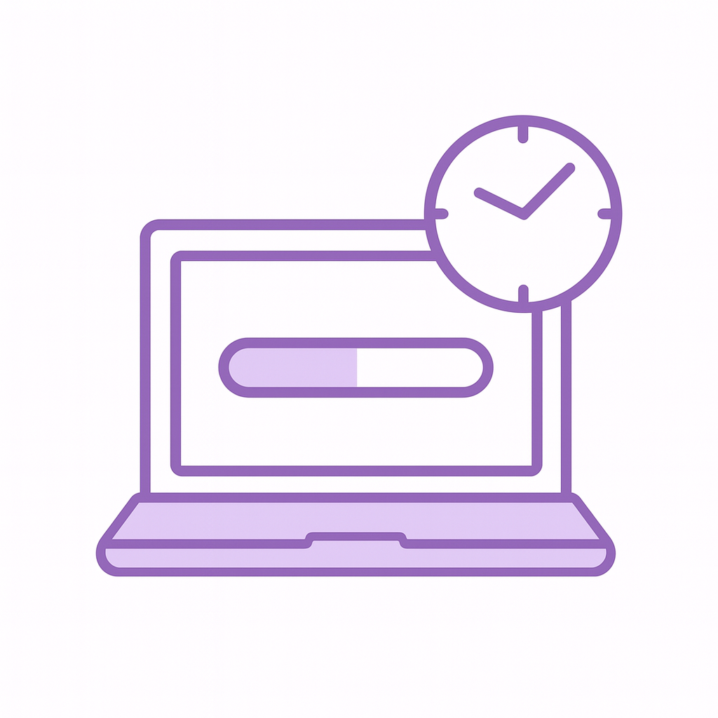 Laptop with a loading bar and clock icon showing law assignment progress tracking