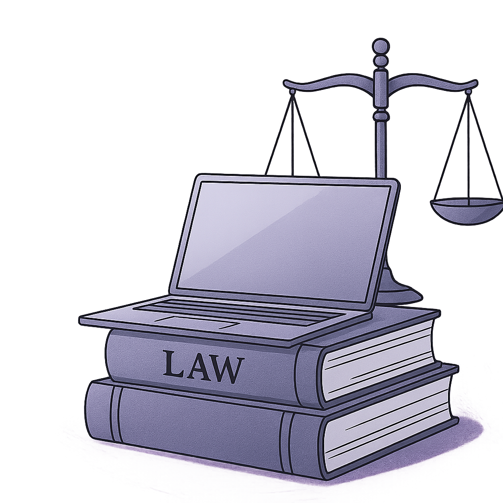 Illustration of a laptop on law books with justice scales for a law assignment writing service