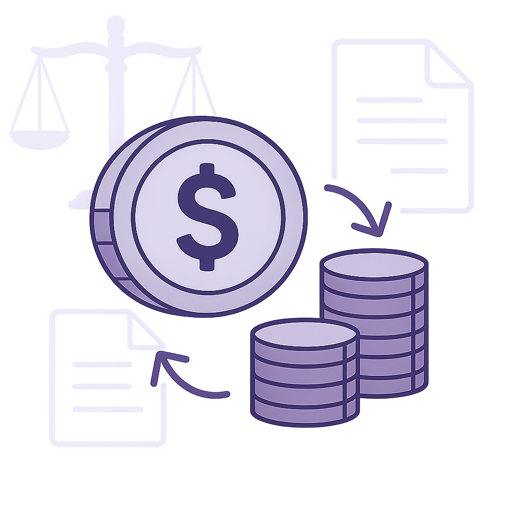 Financial illustration showing coins, dollar symbol, and arrows with subtle legal elements in the background