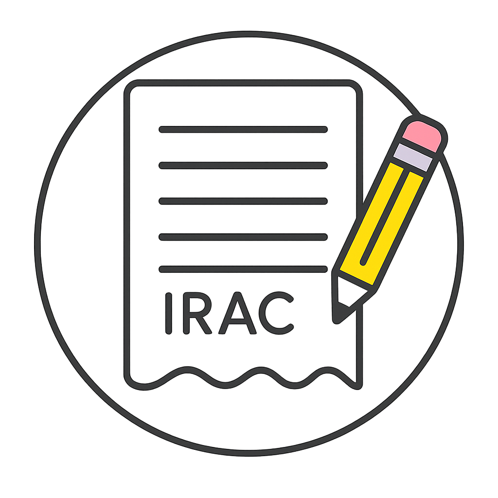 Icon showing IRAC legal writing test with paper and pencil
