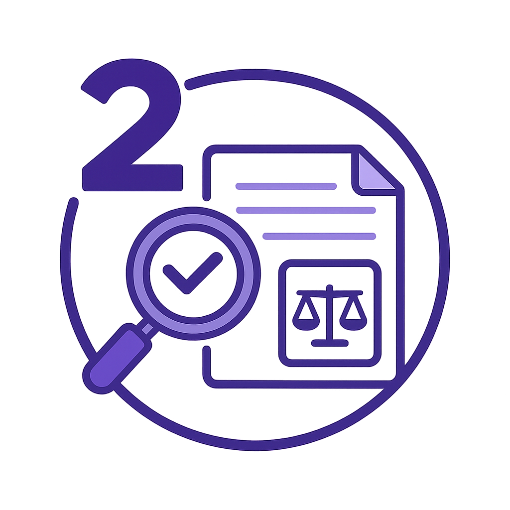 Step 2 — Legal assignment tracking icon with document, magnifying glass, and scales
