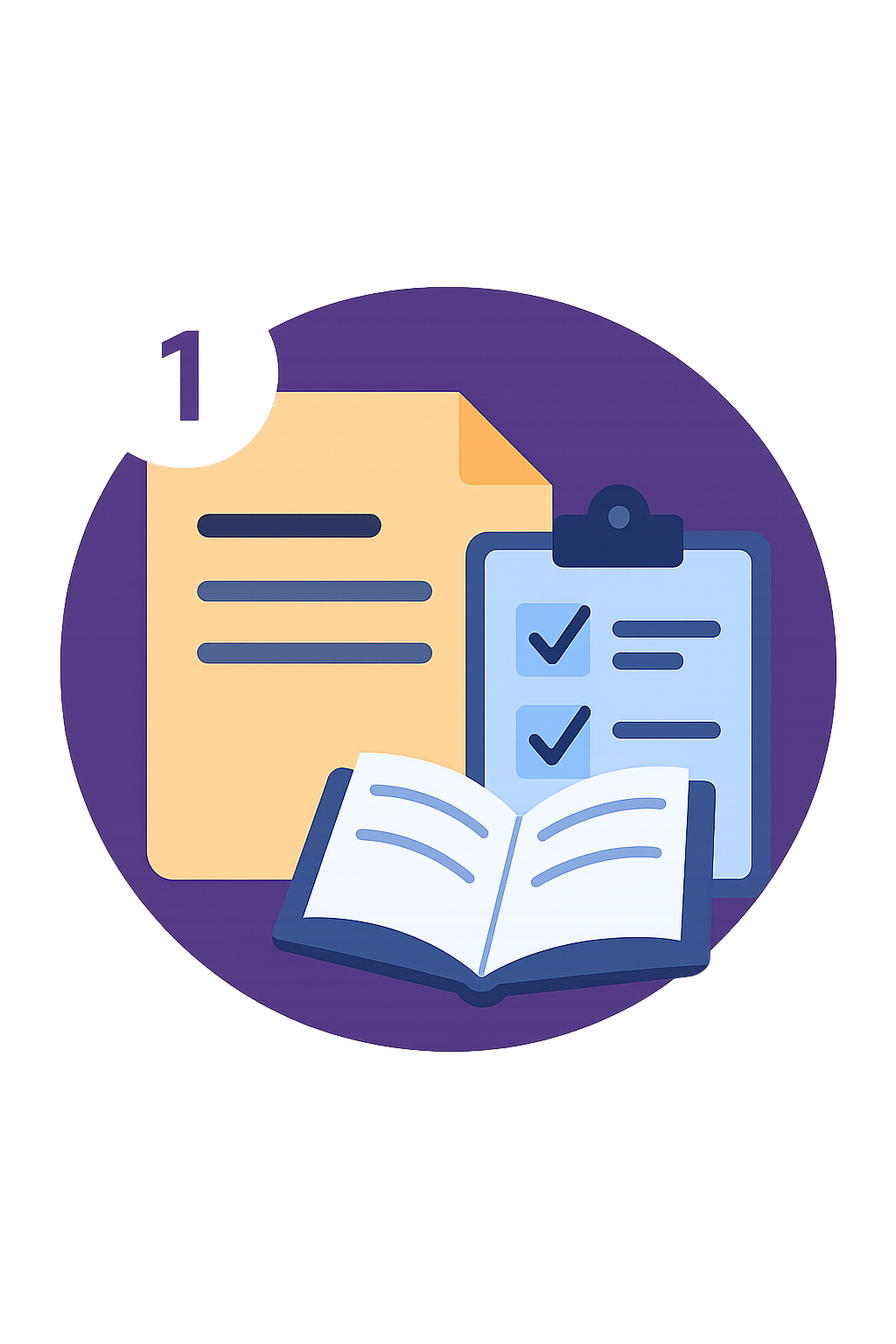 Legal assignment type icon with documents, checklist, and open book