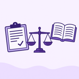 Law assignment illustration with scales of justice, checklist, and open book in purple style