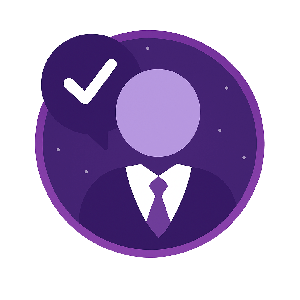 Candidate interview icon with approval checkmark in a purple circle